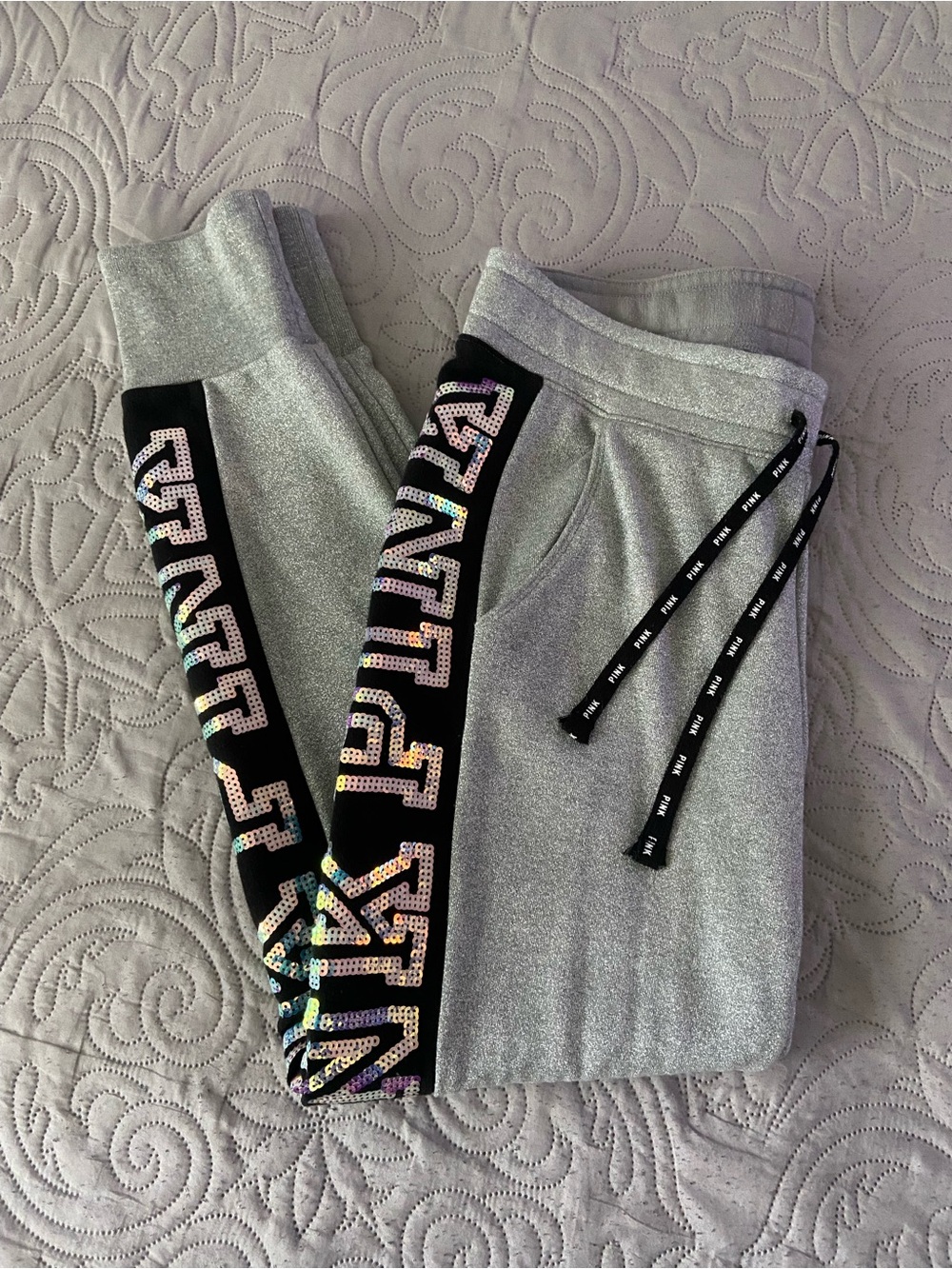PINK Victoria's Secret Silver Shimmer Joggers with Black Sequin Logo Stripe